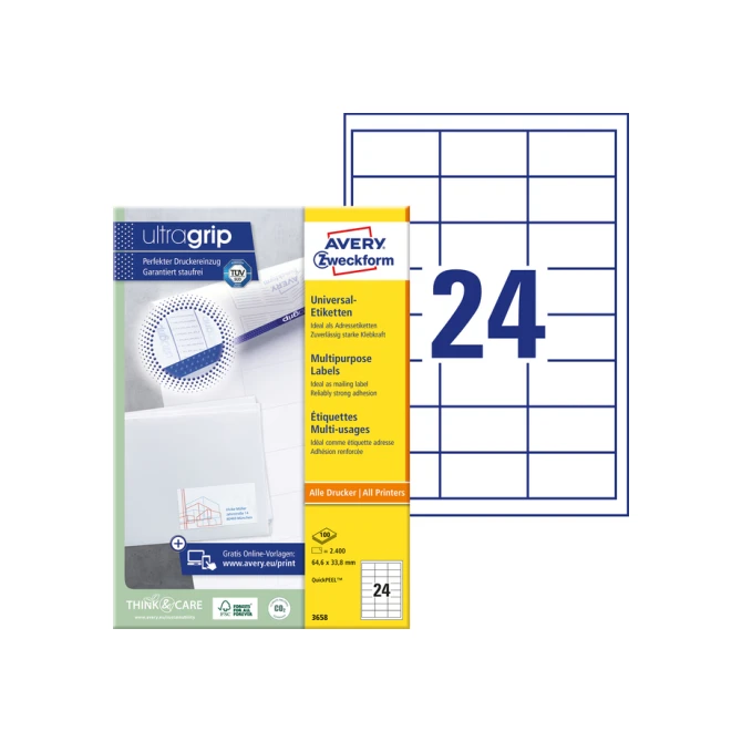 Etiket Avery Zweckform 3658 64.6x33.8mm wit 2400stuks