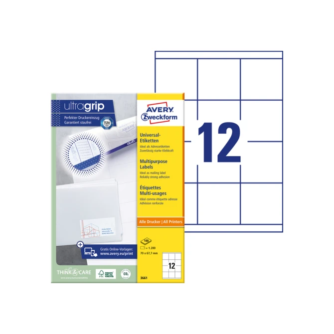 Etiket Avery Zweckform 3661 70x67.7mm wit 1200stuks