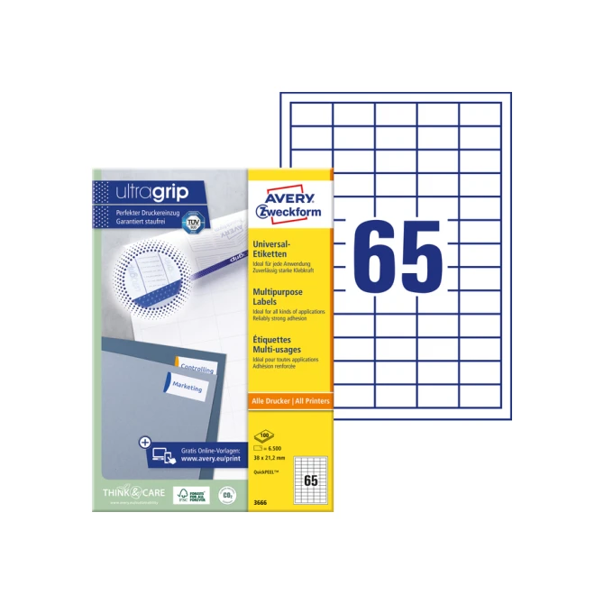 Etiket Avery Zweckform 3666 38x21.2mm wit 6500stuks