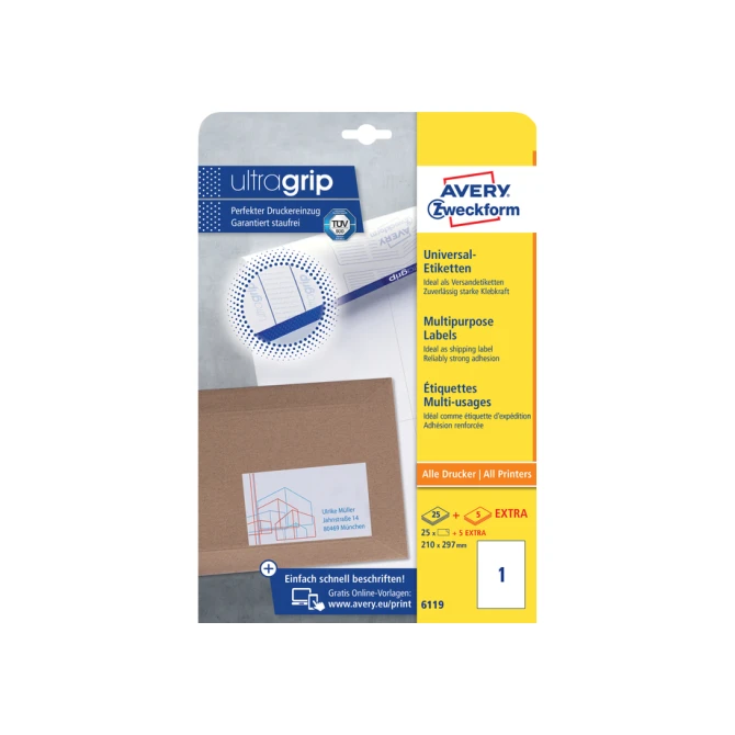 Etiket Avery Zweckform 6119 210x297mm A4 wit 25stuks