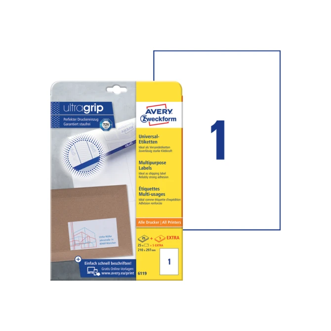 Etiket Avery Zweckform 6119 210x297mm A4 wit 25stuks