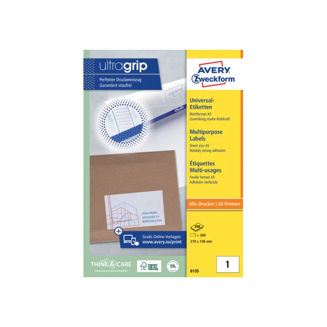 Etiket Avery Zweckform 6135 210x148mm wit 200stuks