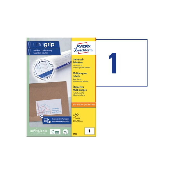 Etiket Avery Zweckform 6135 210x148mm wit 200stuks