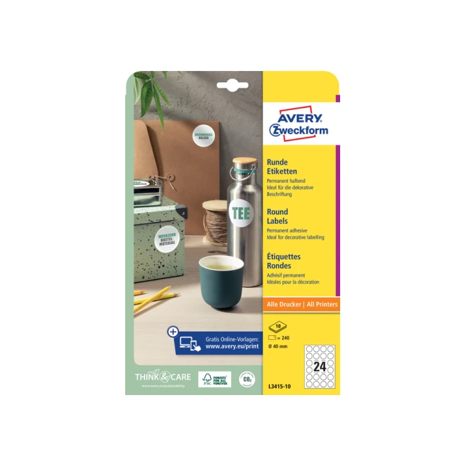 Etiket Avery Zweckform L3415-10 rond 40mm wit 240stuks