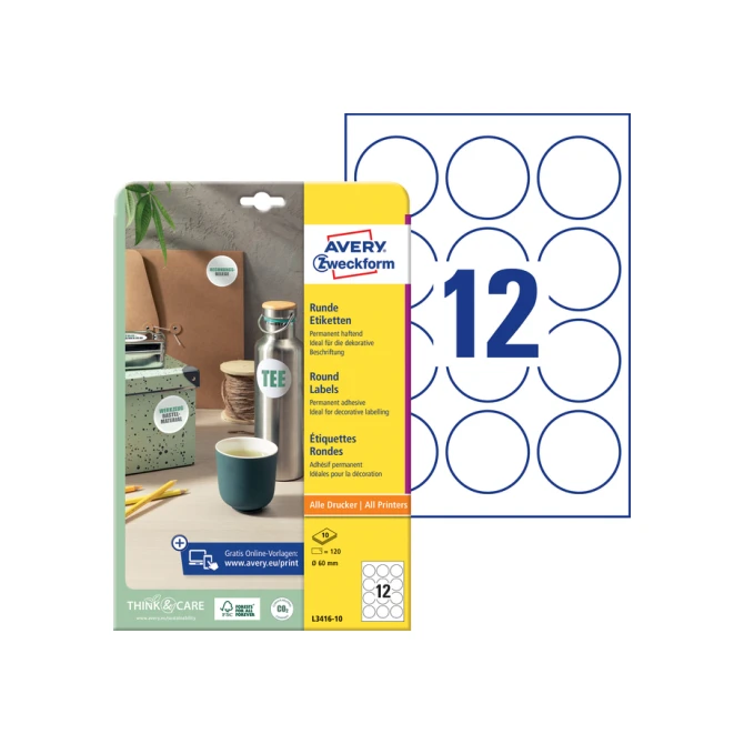 Etiket Avery Zweckform L3416-10 rond 60mm wit 120stuks