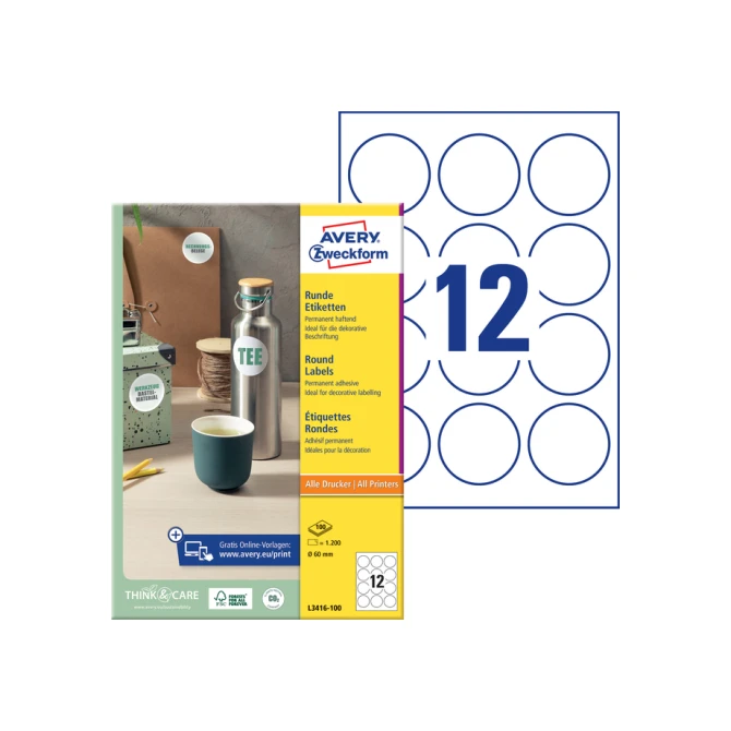 Etiket Avery Zweckform L3416 rond 60mm wit 1200stuks