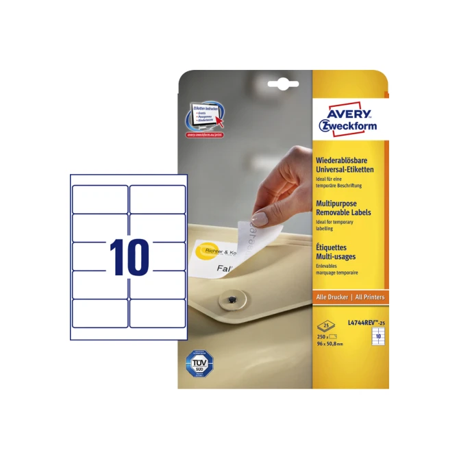 Etiket Avery Zweckform L4744REV-25 96x50.8mm afneembaar wit 250stuks