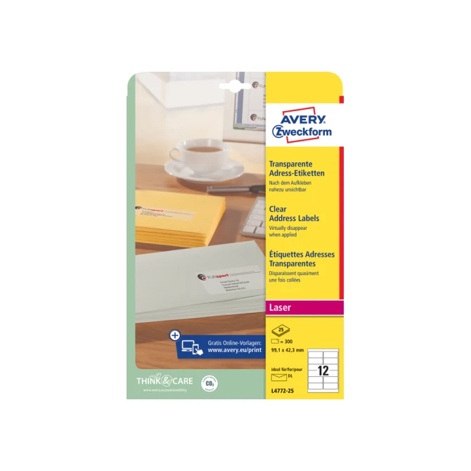 Etiket Avery Zweckform L4772-25 99.1x42.3 mm transparant mat 300stuks