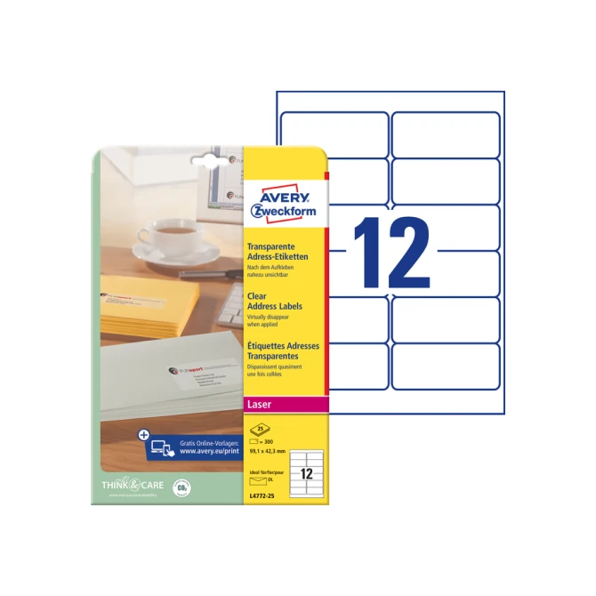 Etiket Avery Zweckform L4772-25 99.1x42.3 mm transparant mat 300stuks