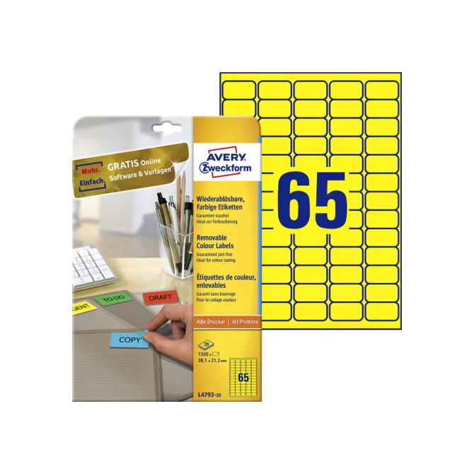Etiket Avery Zweckform L4793-20 38.1x21.2mm geel 1300 etiketten