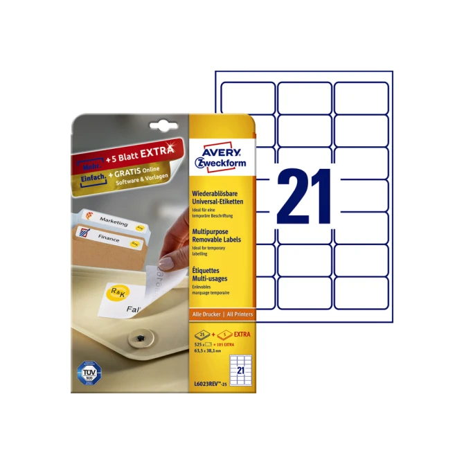 Etiket Avery Zweckform L6023REV-25 63.5x38.1mm afneembaar wit 525stuks