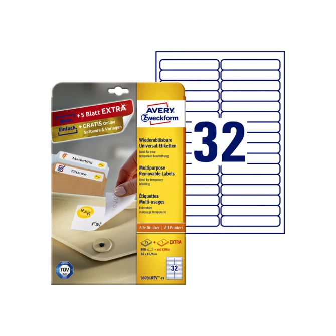 Etiket Avery Zweckform L6031REV-25 96x16.9mm afneembaar wit 800stuks