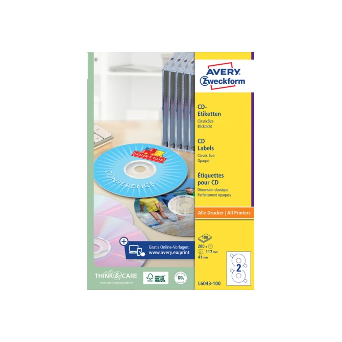 Etiket Avery Zweckform L6043-100 CD wit 200stuks
