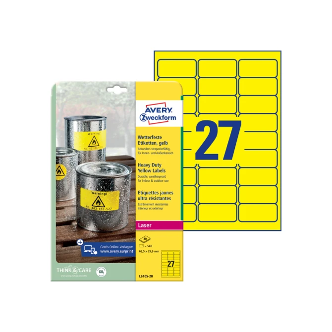 Etiket Avery Zweckform L6105-20 63.5x29.6mm geel 540stuks