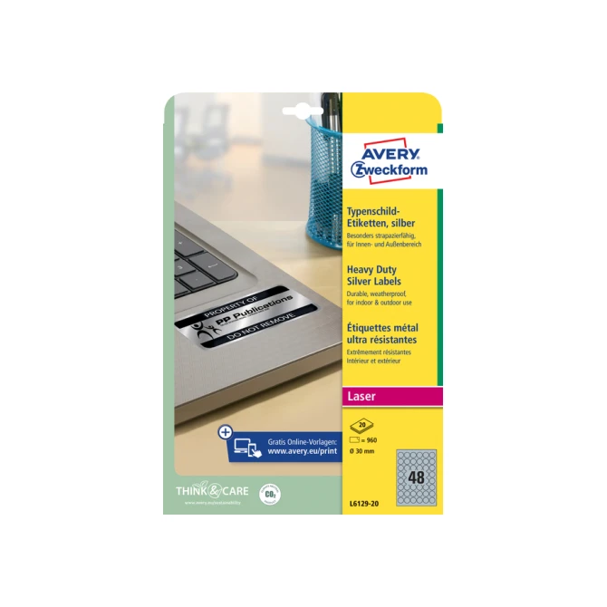 Etiket Avery Zweckform L6129-20 rond 30mm zilver 960stuks