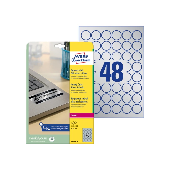 Etiket Avery Zweckform L6129-20 rond 30mm zilver 960stuks