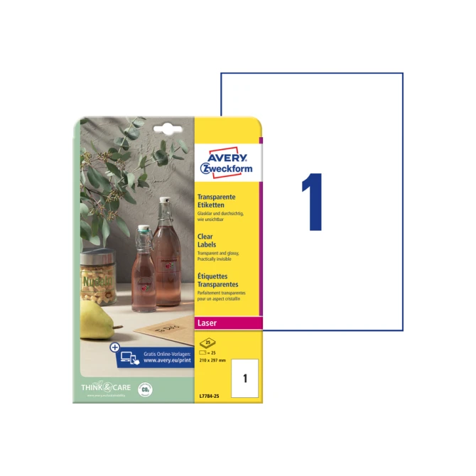 Etiket Avery Zweckform L7784-25 210x297mm transparant 25stuks
