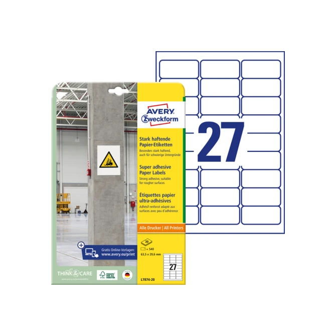 Etiket Avery Zweckform L7874-20 63.5x29.6mm 540 etiketten