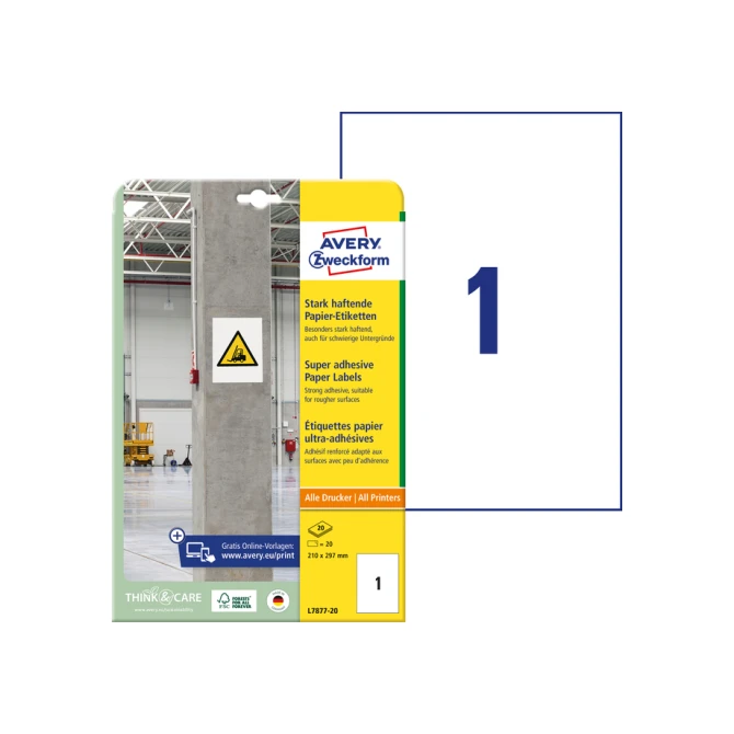 Etiket Avery Zweckform L7877-20 210x297mm 20 etiketten