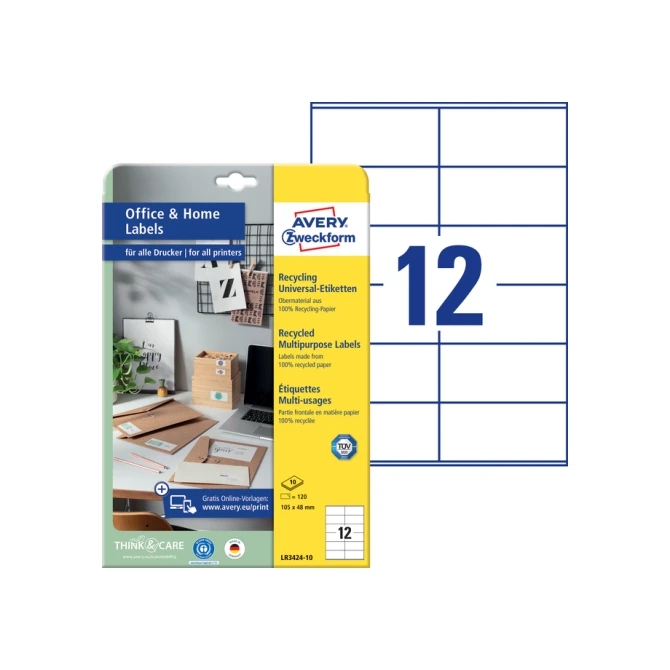 Etiket Avery Zweckform LR3424-10 105x48mm recycled wit 120stuks