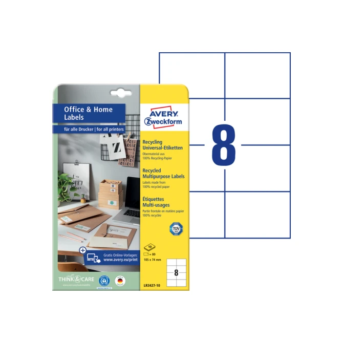 Etiket Avery Zweckform LR3427-10 105x74 mm recycled wit 80stuks