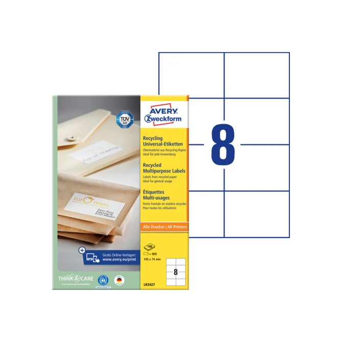 Etiket Avery Zweckform LR3427-100 105x74mm recycled wit 800stuks