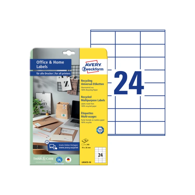 Etiket Avery Zweckform LR3475 70x36mm recycled wit 2400 etiketten