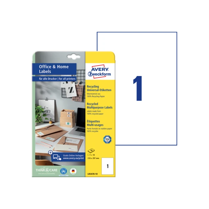 Etiket Avery Zweckform LR3478-10 210x297mm recycled wit 10stuks