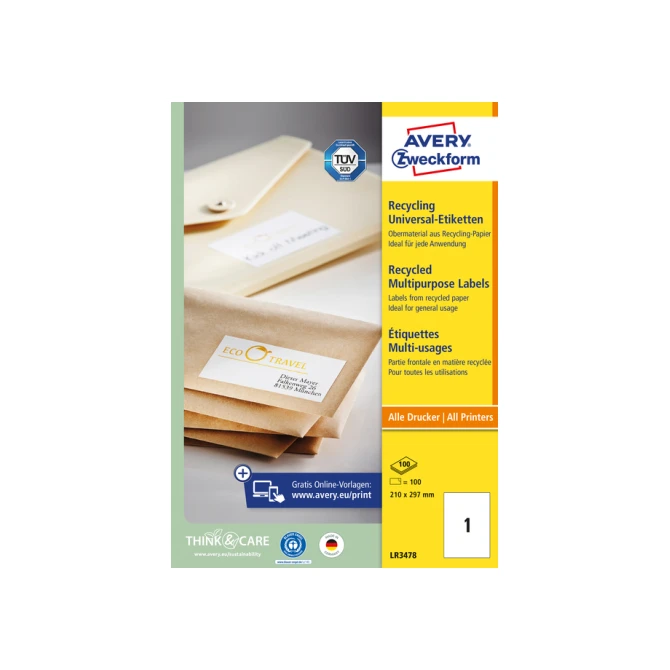 Etiket Avery Zweckform LR3478 210x297mm A4 recycled wit 100 etiketten