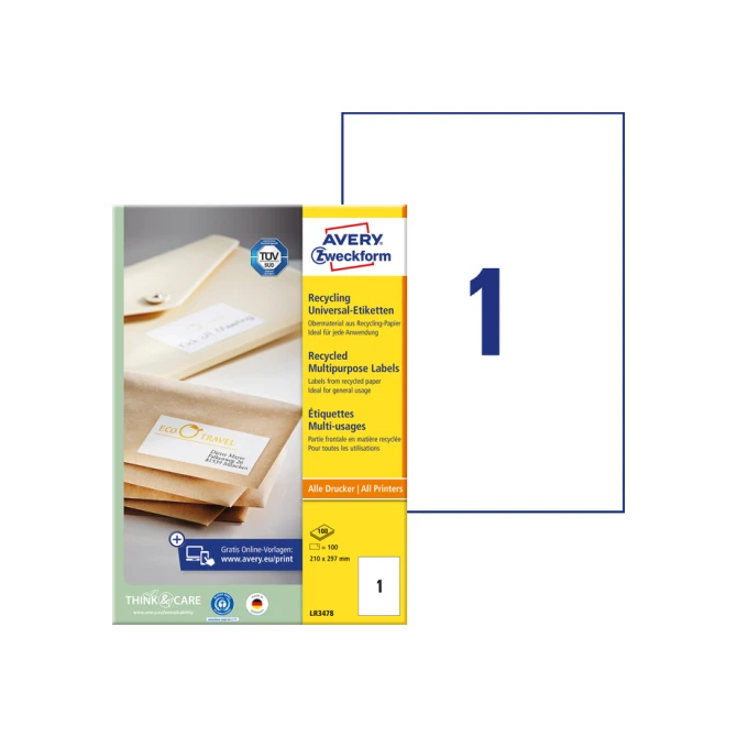 Etiket Avery Zweckform LR3478 210x297mm A4 recycled wit 100 etiketten
