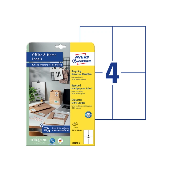 Etiket Avery Zweckform LR3483-10 105x148mm recycled wit 40stuks
