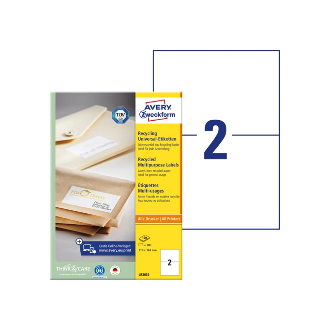 Etiket Avery Zweckform LR3655 210x148mm A5 recycled wit 200 etiketten