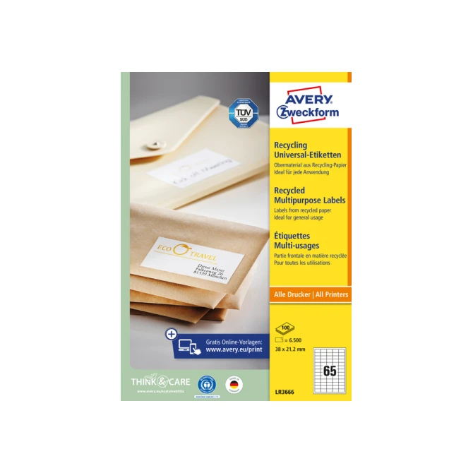 Etiket Avery Zweckform LR3666 38x21.2mm recycled wit 6500 etiketten