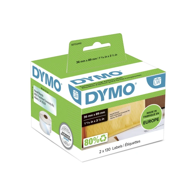 Etiket Dymo LabelWriter adressering 36x89mm 2 rollen á 130 stuks transparant