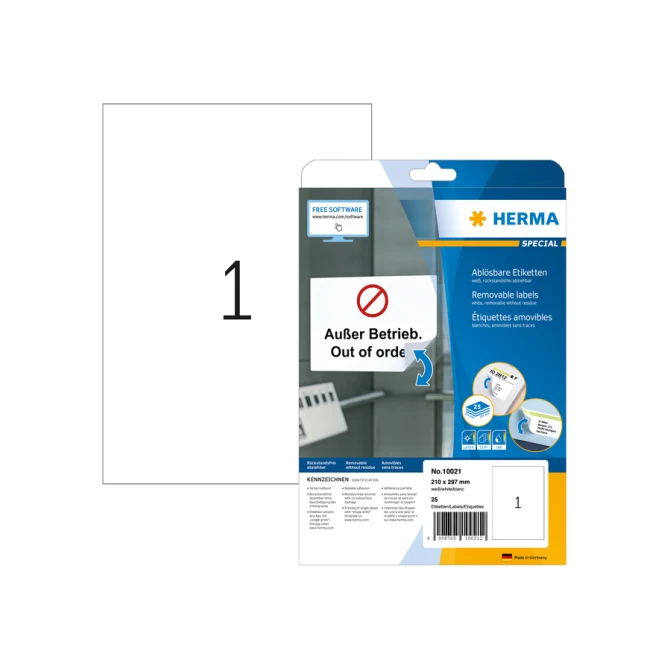 Etiket HERMA 10021 210x297mm A4 verwijderbaar wit 25 etiketten