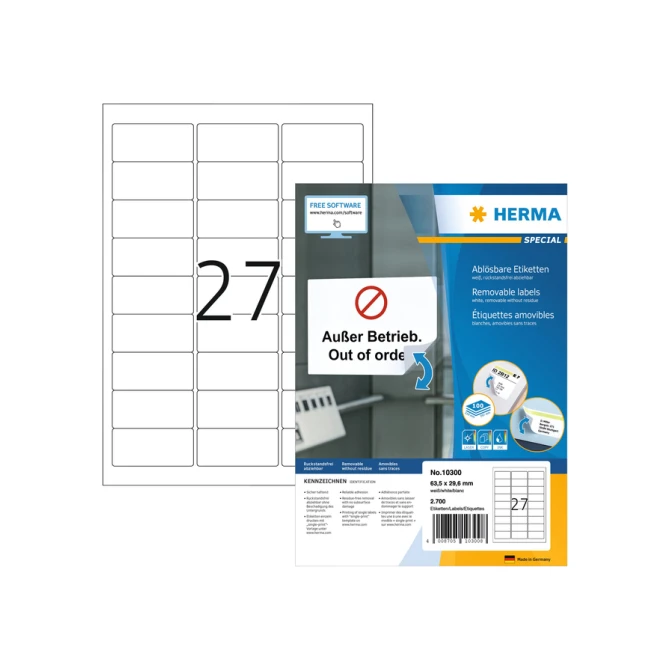 Etiket HERMA 10300 63.5x29.6mm verwijderbaar wit 2700 etiketten