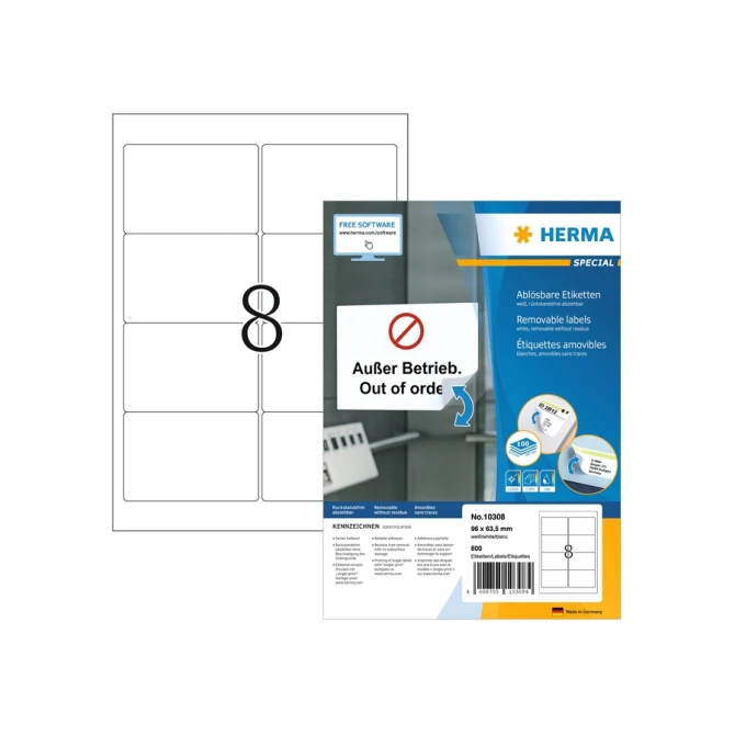 Etiket HERMA 10308 96x63.5mm verwijderbaar wit 800 stuks