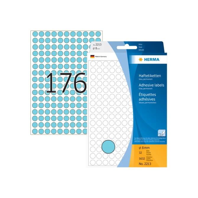 Etiket HERMA 2213 rond 8mm blauw 5632stuks