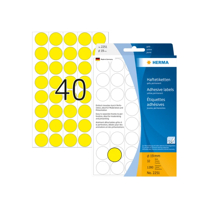 Etiket HERMA 2251 rond 19mm geel 1280stuks