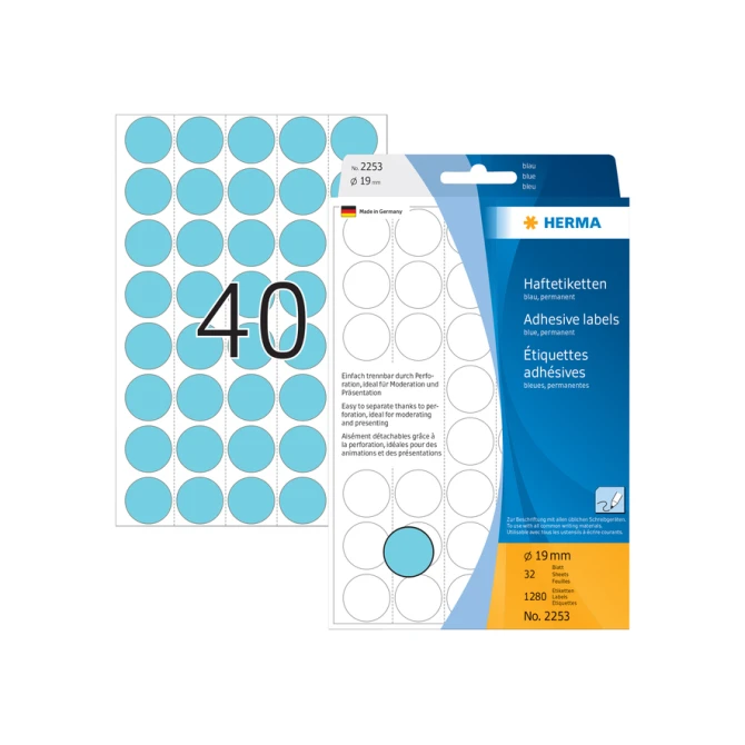 Etiket HERMA 2253 rond 19mm blauw 1280stuks