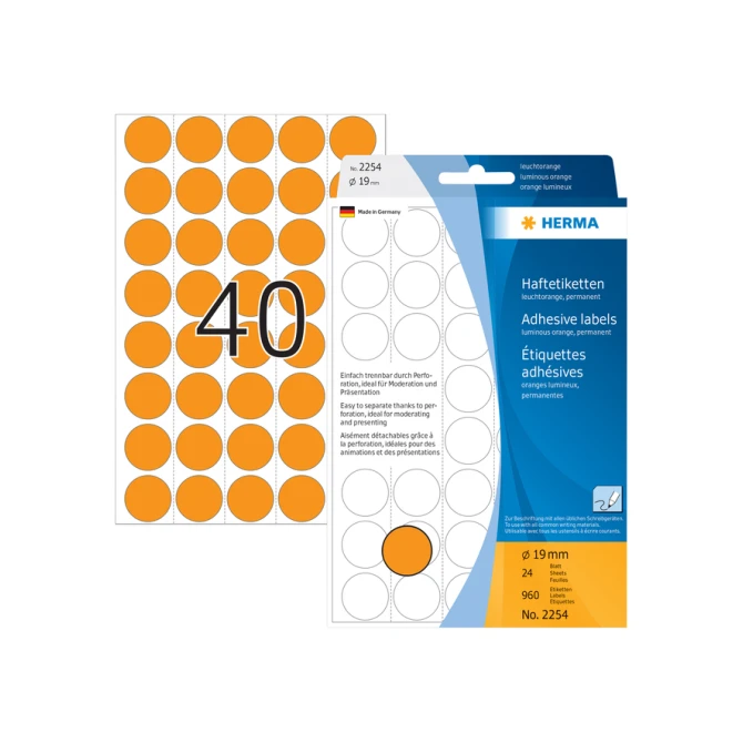 Etiket HERMA 2254 rond 19mm fluor oranje 960stuks