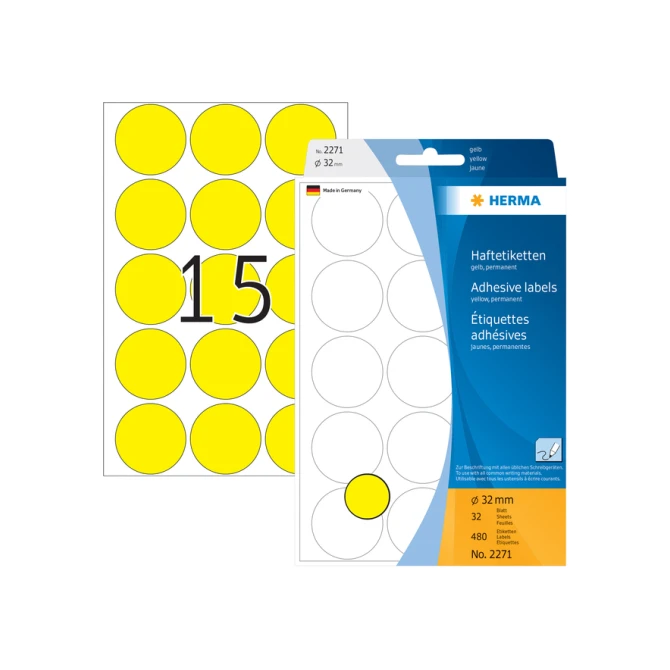 Etiket HERMA 2271 rond 32mm geel 480stuks