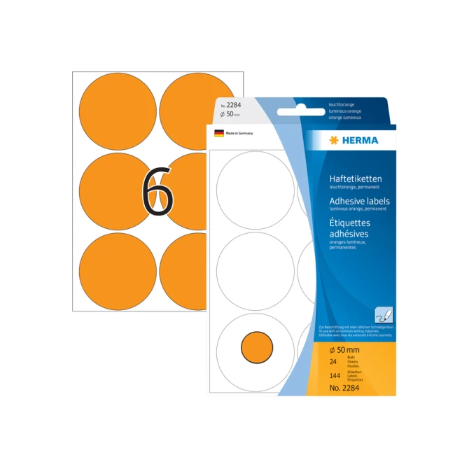 Etiket HERMA 2284 rond 50mm fluor oranje 144 etiketten