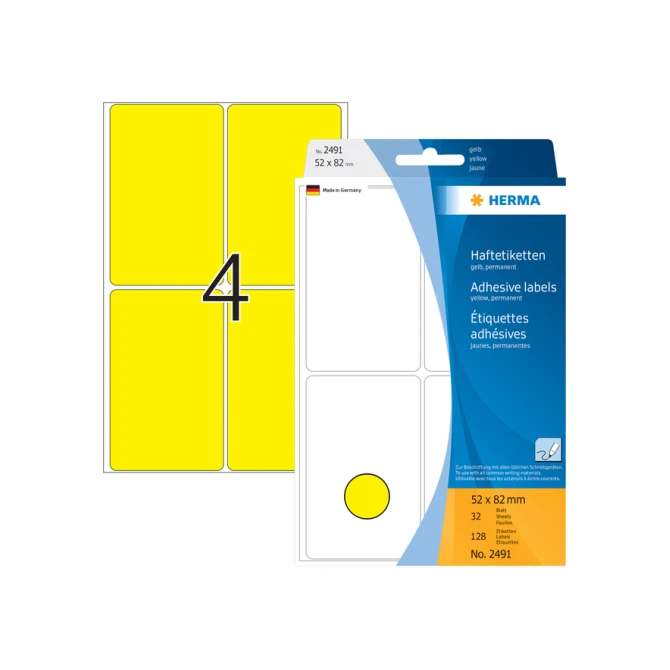 Etiket HERMA 2491 52x82mm geel 128 stuks