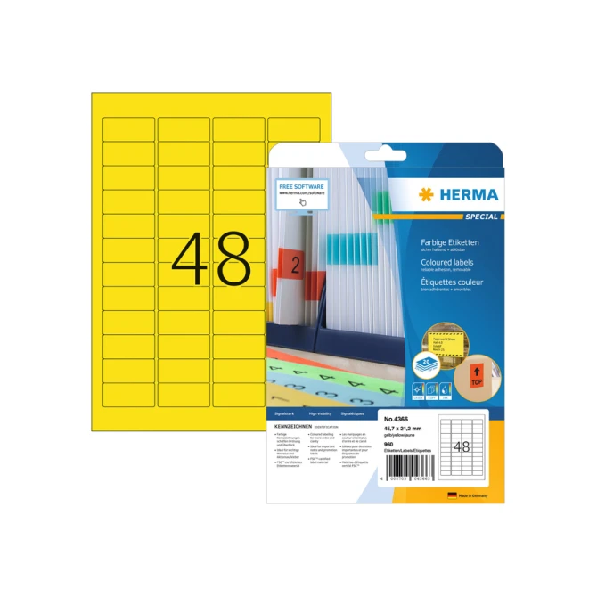 Etiket HERMA 4366 A4 45.7x21.2mm verwijderbaar geel
