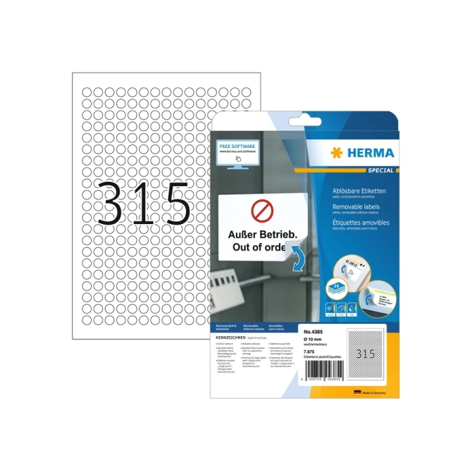 Etiket HERMA 4385 rond 10mm wit 7875 etiketten