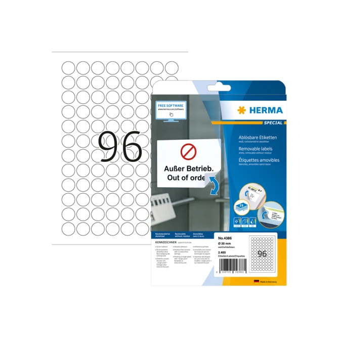 Etiket HERMA 4386 20mm verwijderbaar wit 2400 etiketten