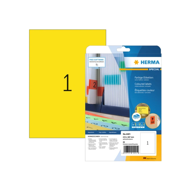 Etiket HERMA 4421 210x297mm verwijderbaar A4 geel 20stuks