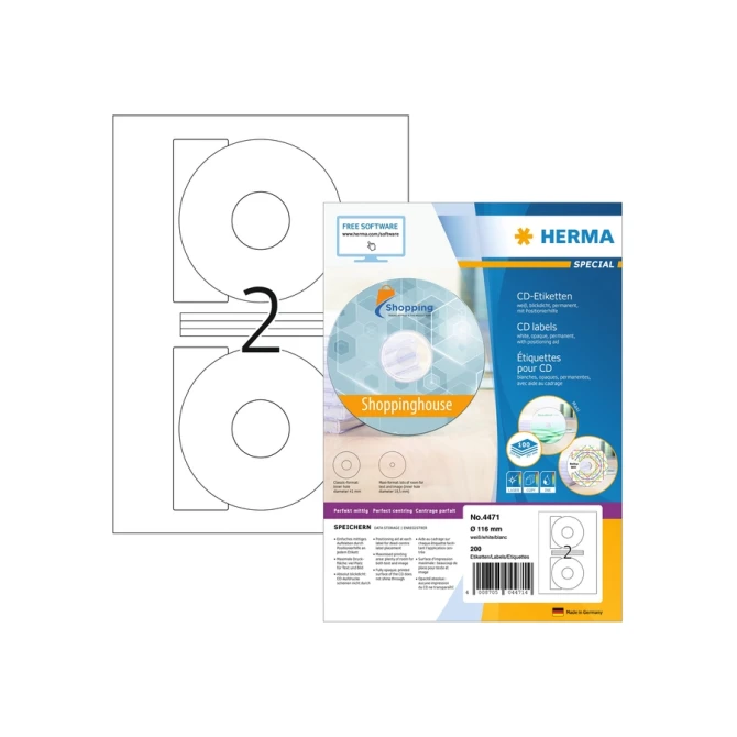 Etiket HERMA 4471 CD 116mm wit opaqua 200stuks