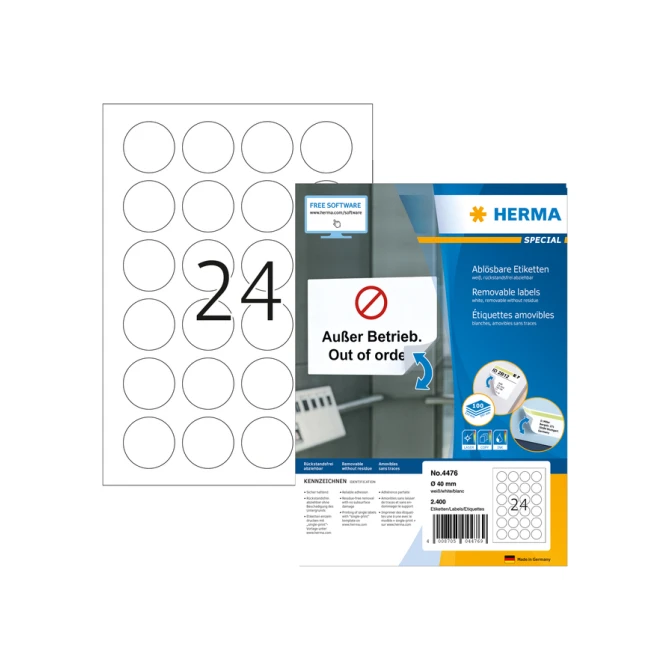 Etiket HERMA 4476 40mm verwijderbaar wit 2400 etiketten